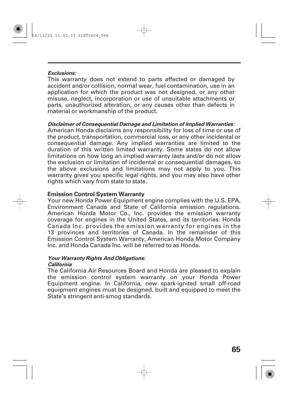 Emission control system warranty | HONDA EU 1000i User Manual | Page 67 / 75