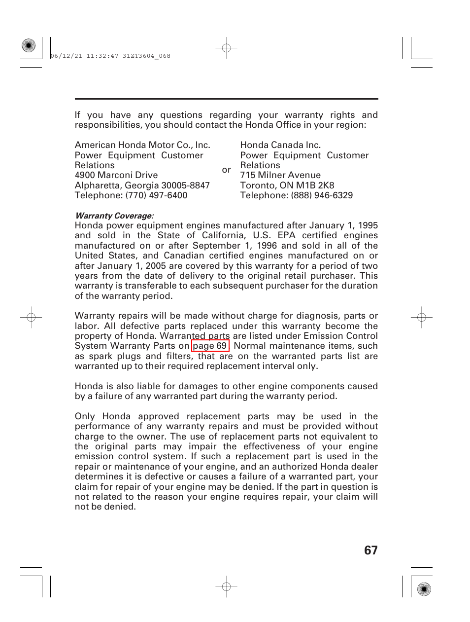 HONDA EU 1000i User Manual | Page 69 / 75