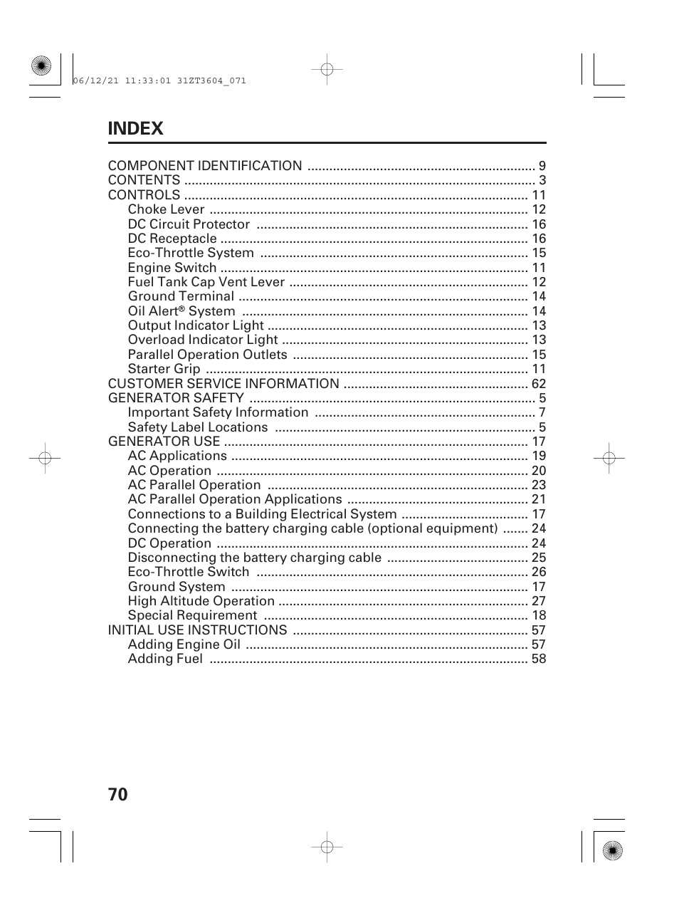 Index, 70 index | HONDA EU 1000i User Manual | Page 72 / 75