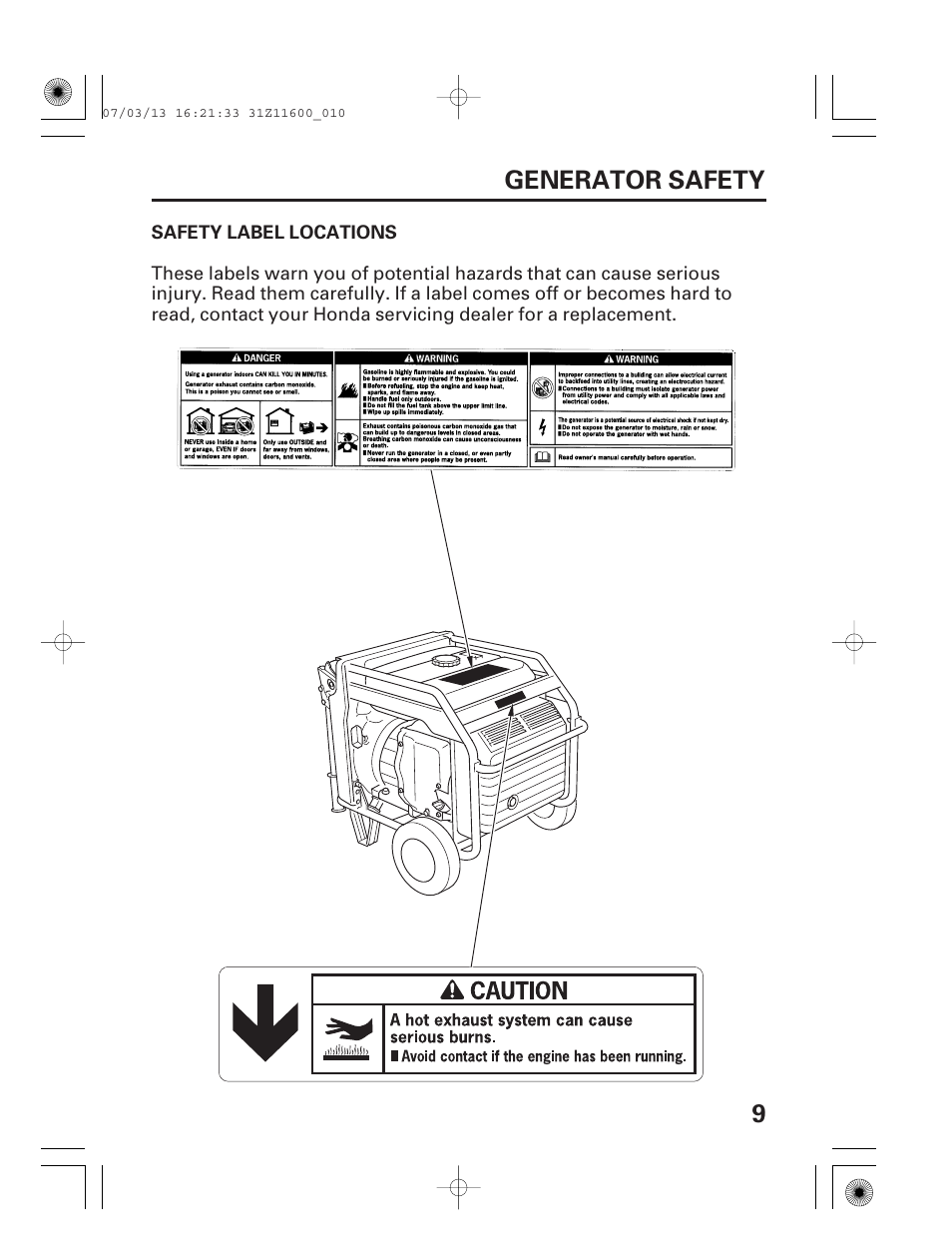 Safety label locations, 9generator safety | HONDA EM6500is User Manual | Page 11 / 100