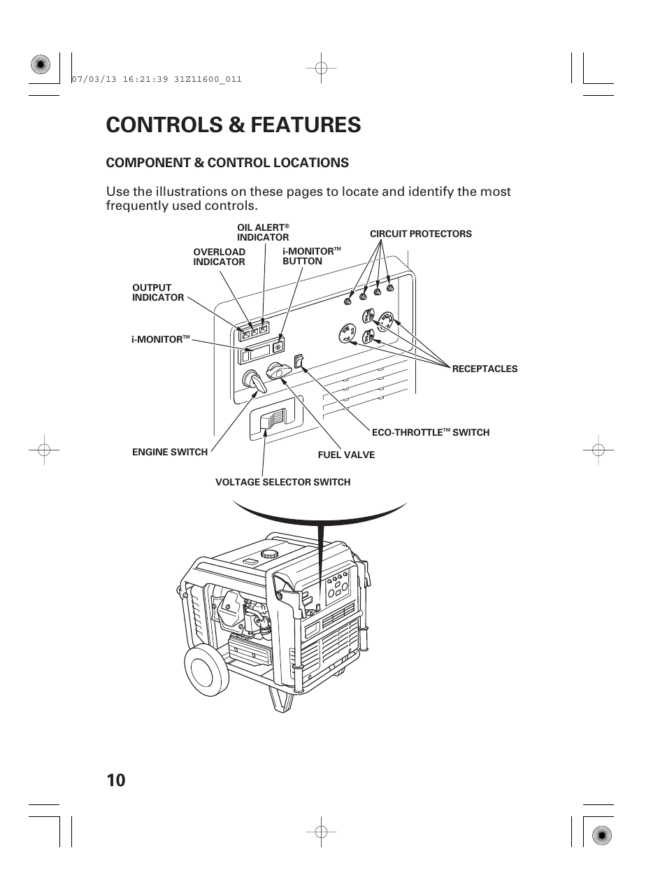 Controls & features, Component & control locations | HONDA EM6500is User Manual | Page 12 / 100