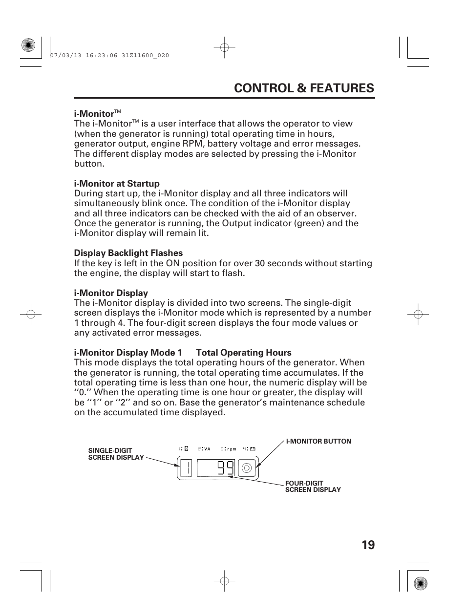 I-monitor, 19 control & features | HONDA EM6500is User Manual | Page 21 / 100