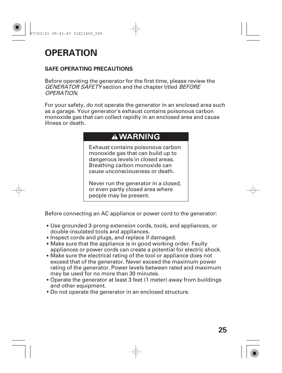 Operation, Safe operating precautions | HONDA EM6500is User Manual | Page 27 / 100