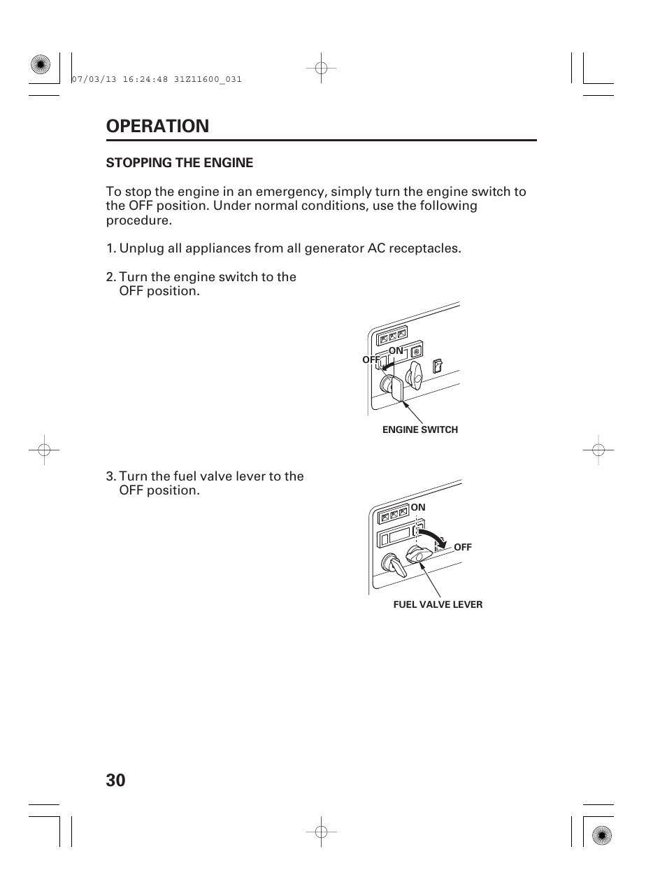 Stopping the engine, 30 operation | HONDA EM6500is User Manual | Page 32 / 100