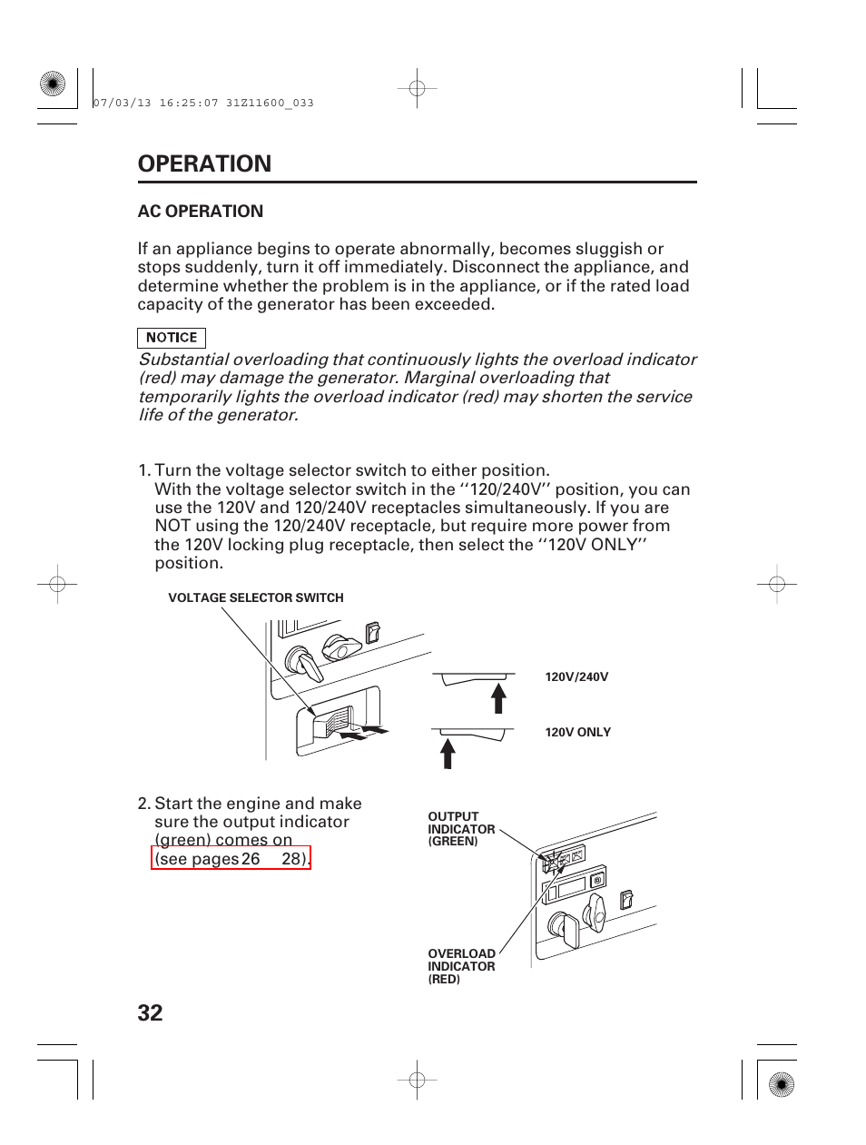 Ac operation, 32 operation | HONDA EM6500is User Manual | Page 34 / 100
