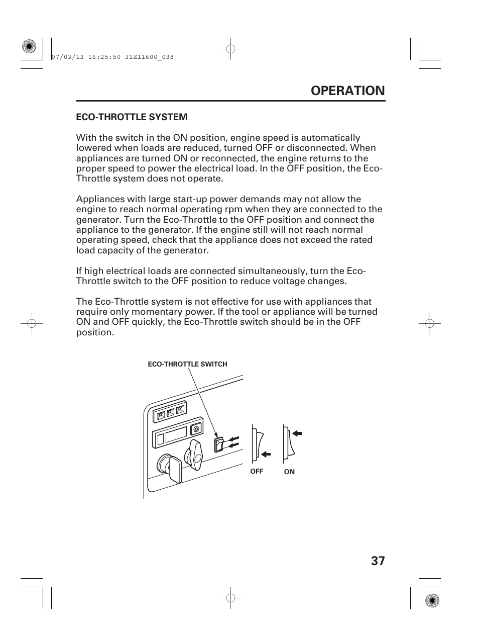 Eco-throttle™ system, 37 operation | HONDA EM6500is User Manual | Page 39 / 100