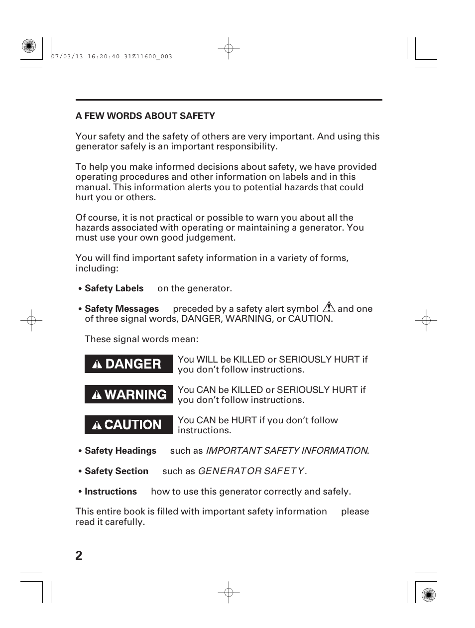 A few words about safety | HONDA EM6500is User Manual | Page 4 / 100