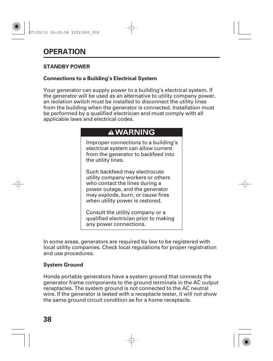 Standby power, 38 operation | HONDA EM6500is User Manual | Page 40 / 100