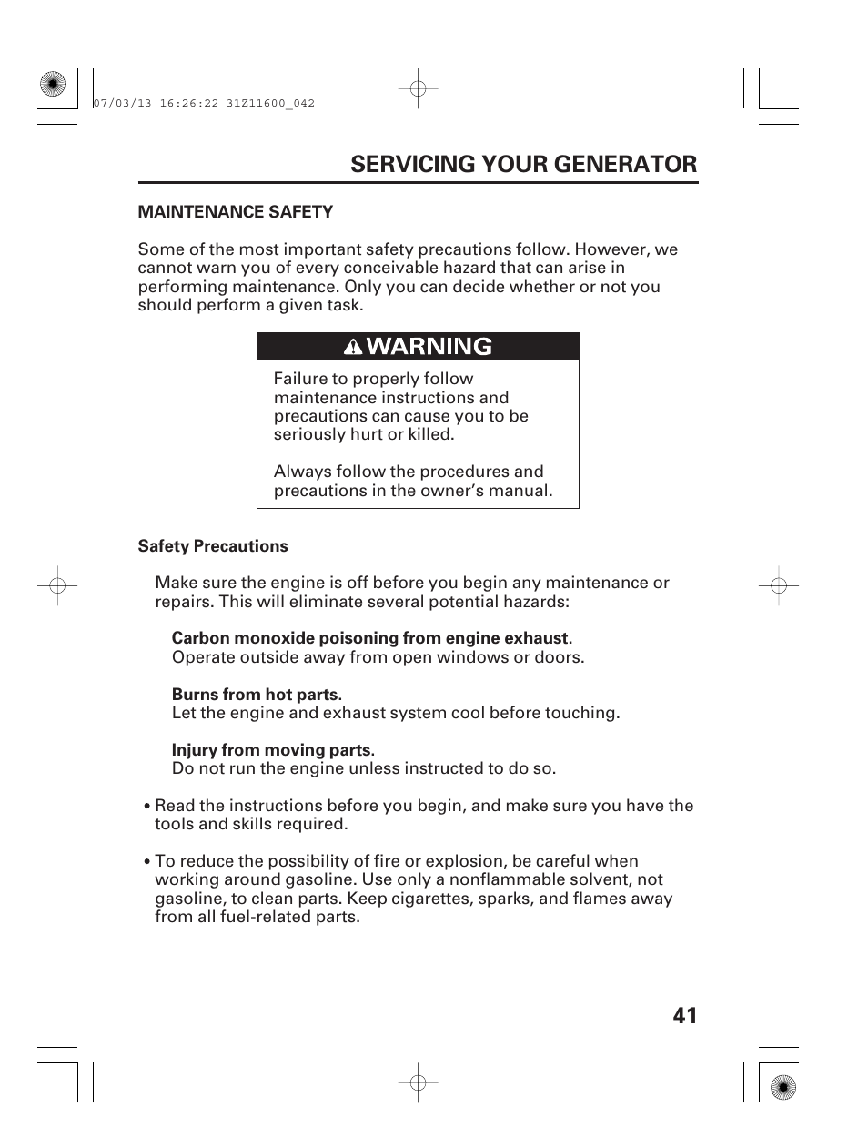 Maintenance safety, 41 servicing your generator | HONDA EM6500is User Manual | Page 43 / 100