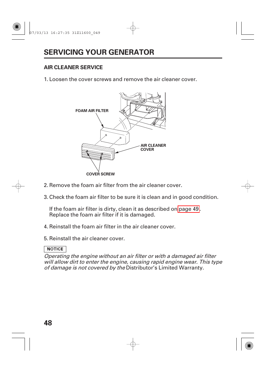 Air cleaner service, 48 servicing your generator | HONDA EM6500is User Manual | Page 50 / 100
