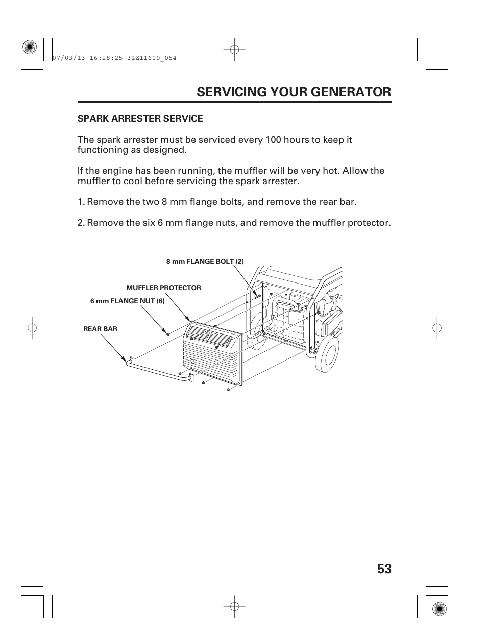 Spark arrester service, 53 servicing your generator | HONDA EM6500is User Manual | Page 55 / 100