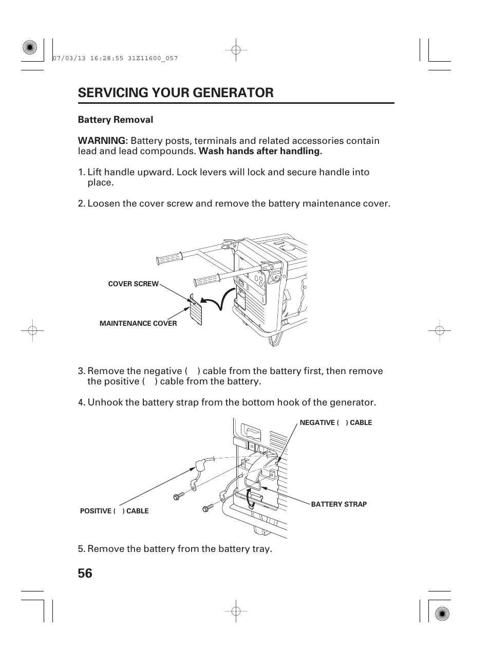 56 servicing your generator | HONDA EM6500is User Manual | Page 58 / 100