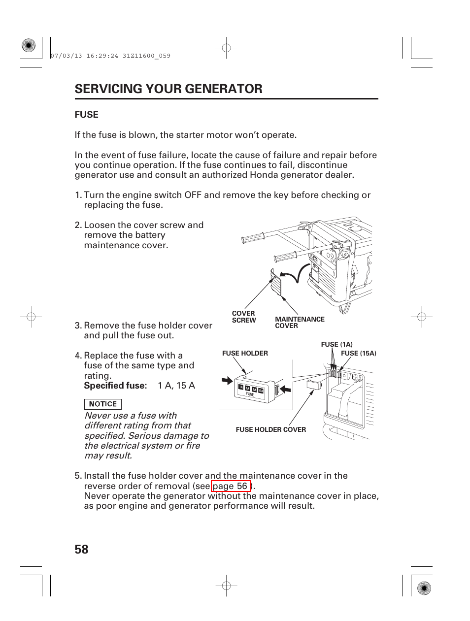 Fuse, 58 servicing your generator | HONDA EM6500is User Manual | Page 60 / 100