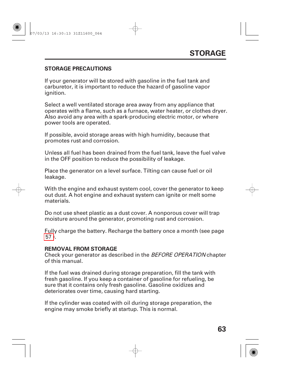 Storage precautions, Removal from storage, 63 storage | HONDA EM6500is User Manual | Page 65 / 100