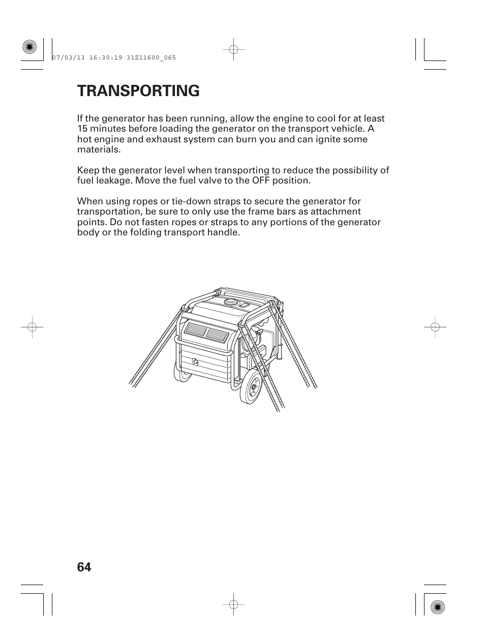 Transporting | HONDA EM6500is User Manual | Page 66 / 100