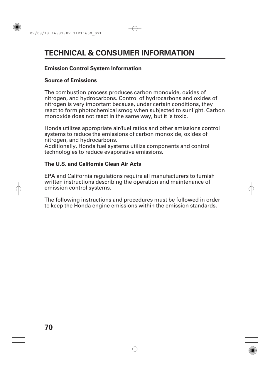 Emission control system information, 70 technical & consumer information | HONDA EM6500is User Manual | Page 72 / 100