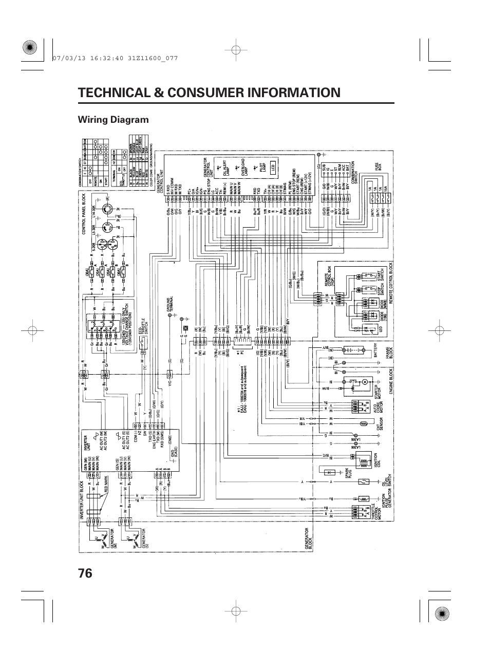 Wiring diagram, 76 technical & consumer information | HONDA EM6500is User Manual | Page 78 / 100