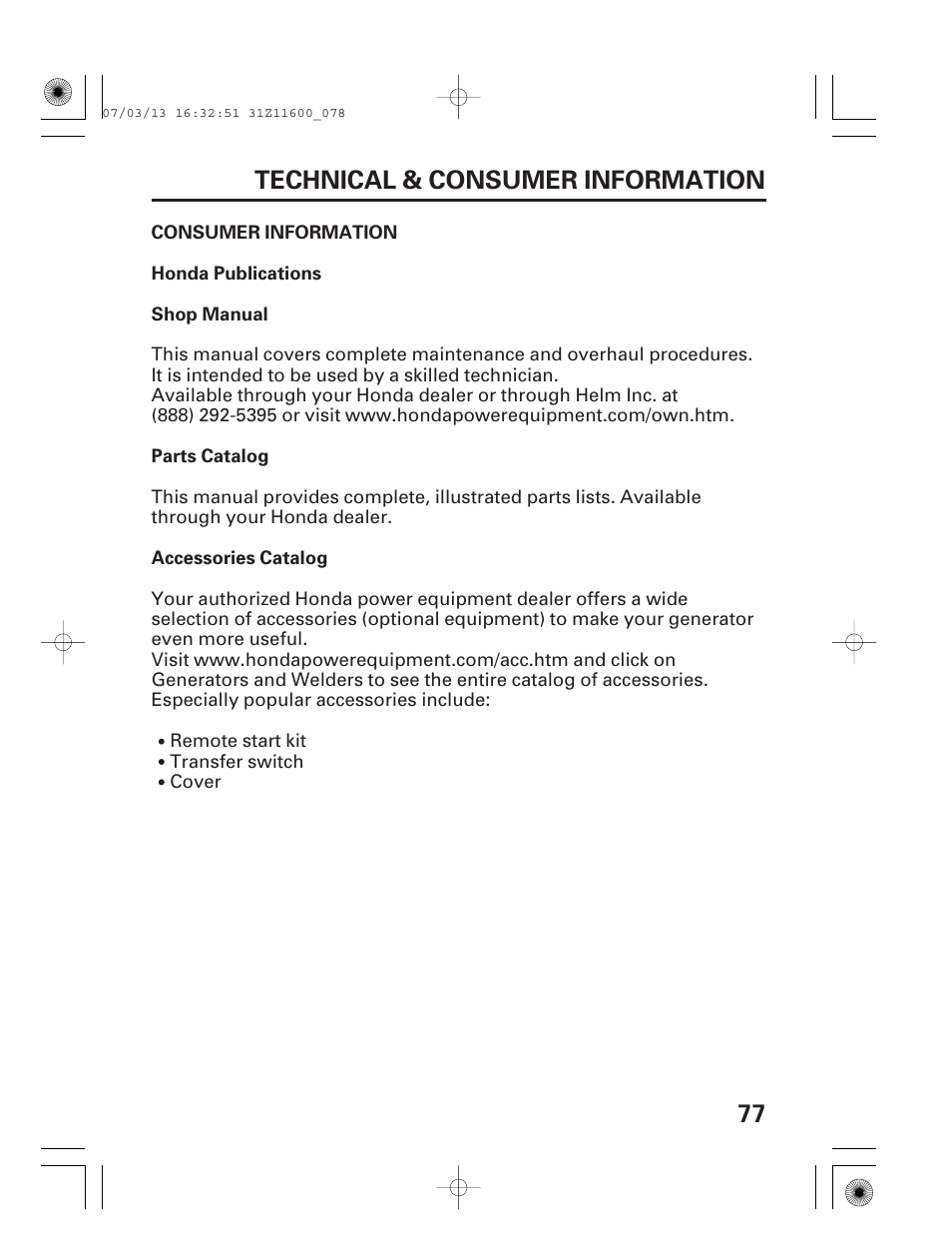 Consumer information, Honda publications, 77 technical & consumer information | HONDA EM6500is User Manual | Page 79 / 100