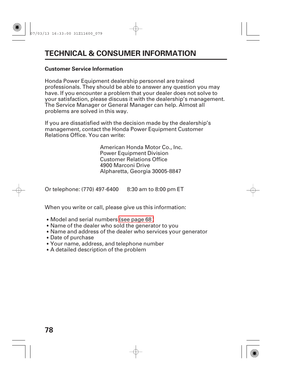 Customer service information, 78 technical & consumer information | HONDA EM6500is User Manual | Page 80 / 100