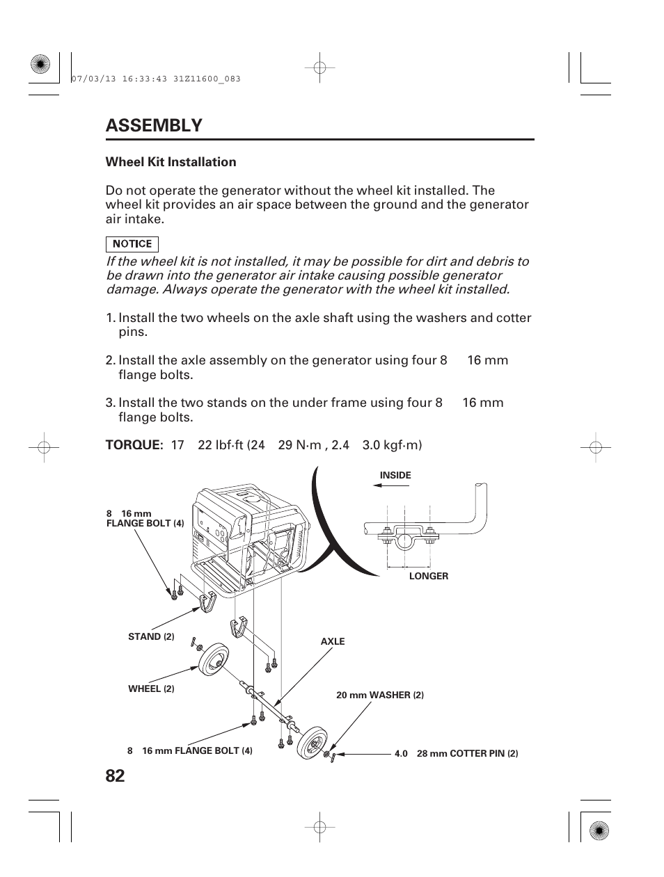 Wheel kit installation, 82 assembly | HONDA EM6500is User Manual | Page 84 / 100