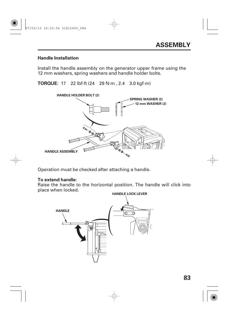 Handle installation, 83 assembly | HONDA EM6500is User Manual | Page 85 / 100