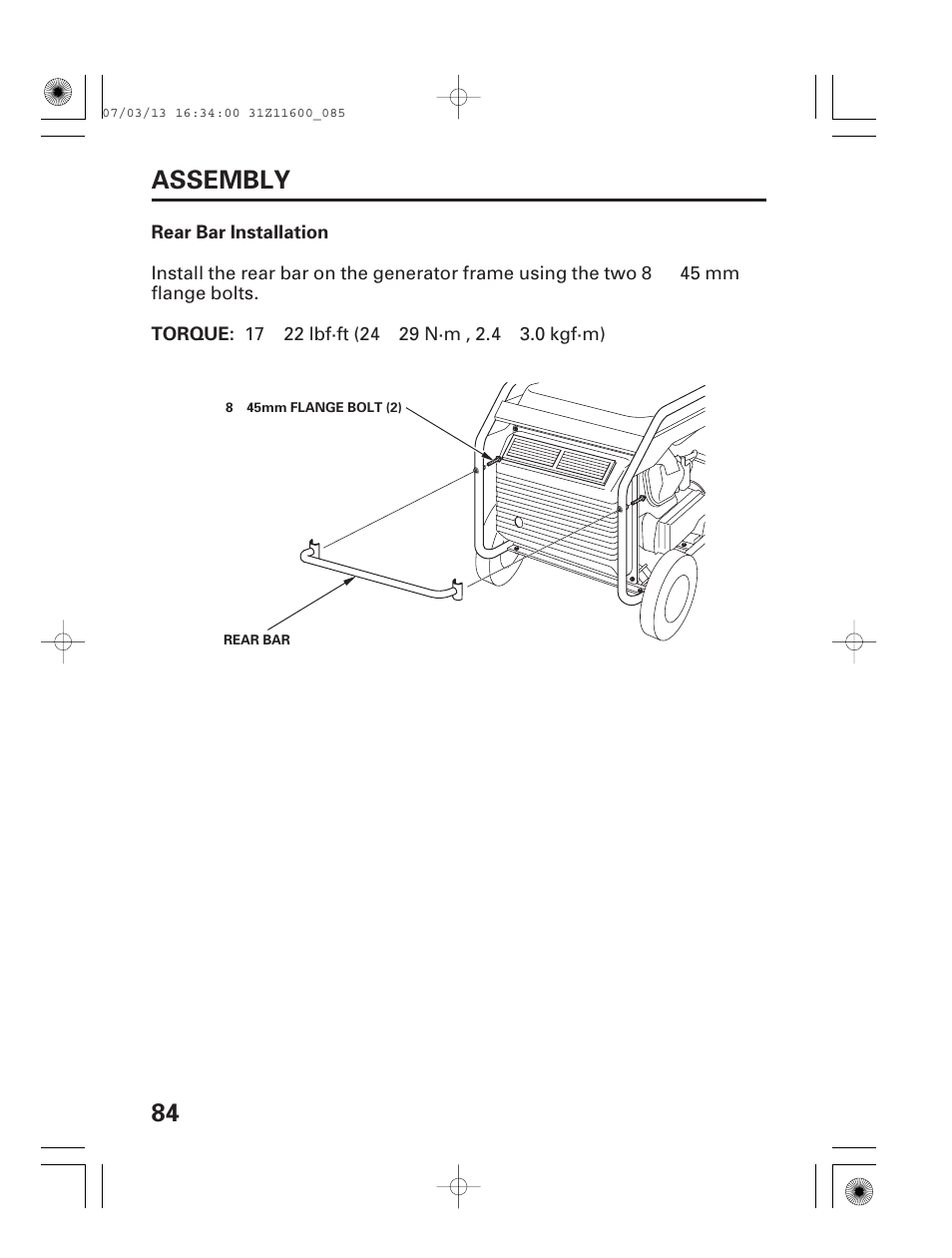 Rear bar installation, 84 assembly | HONDA EM6500is User Manual | Page 86 / 100