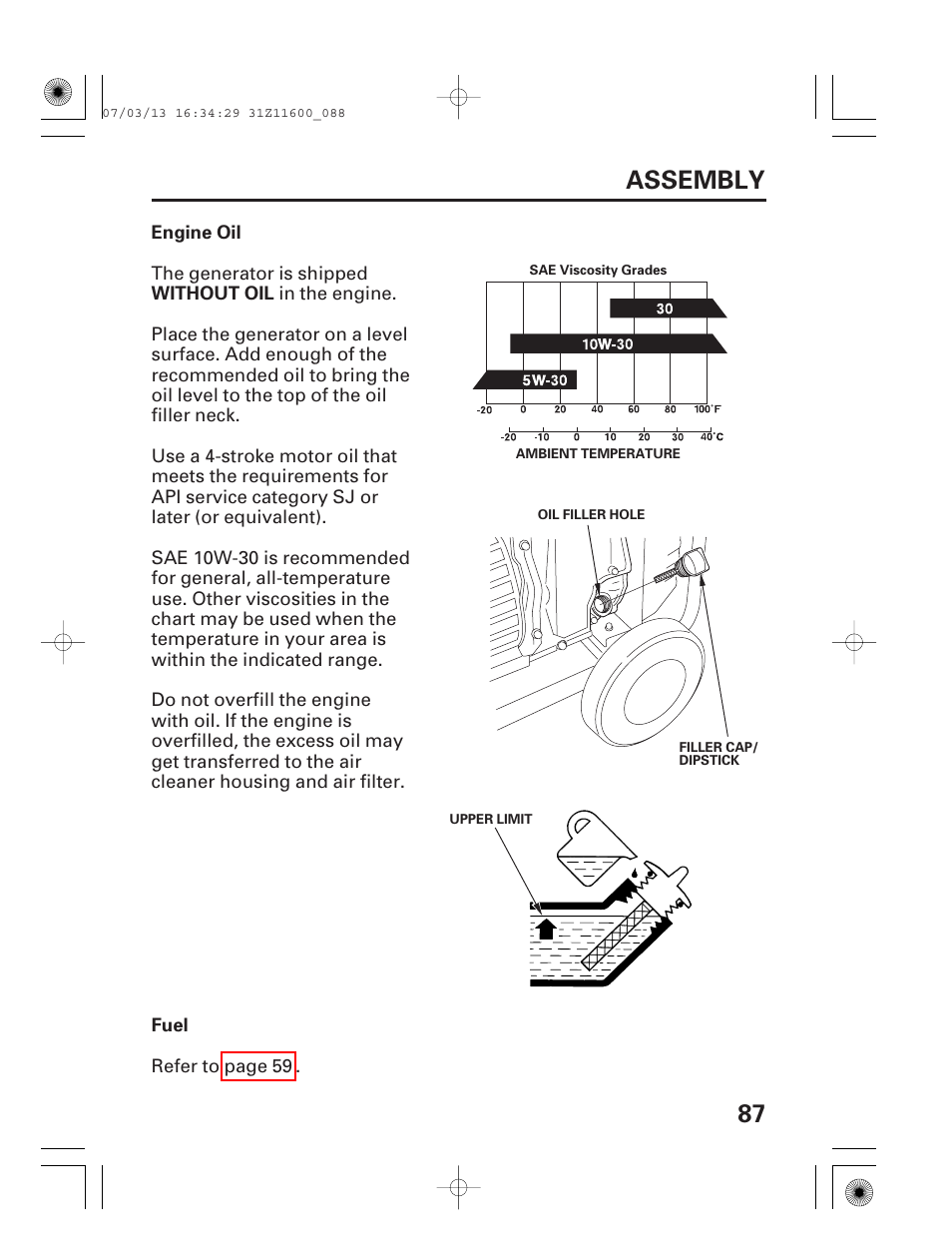 Engine oil, Fuel, 87 assembly | HONDA EM6500is User Manual | Page 89 / 100