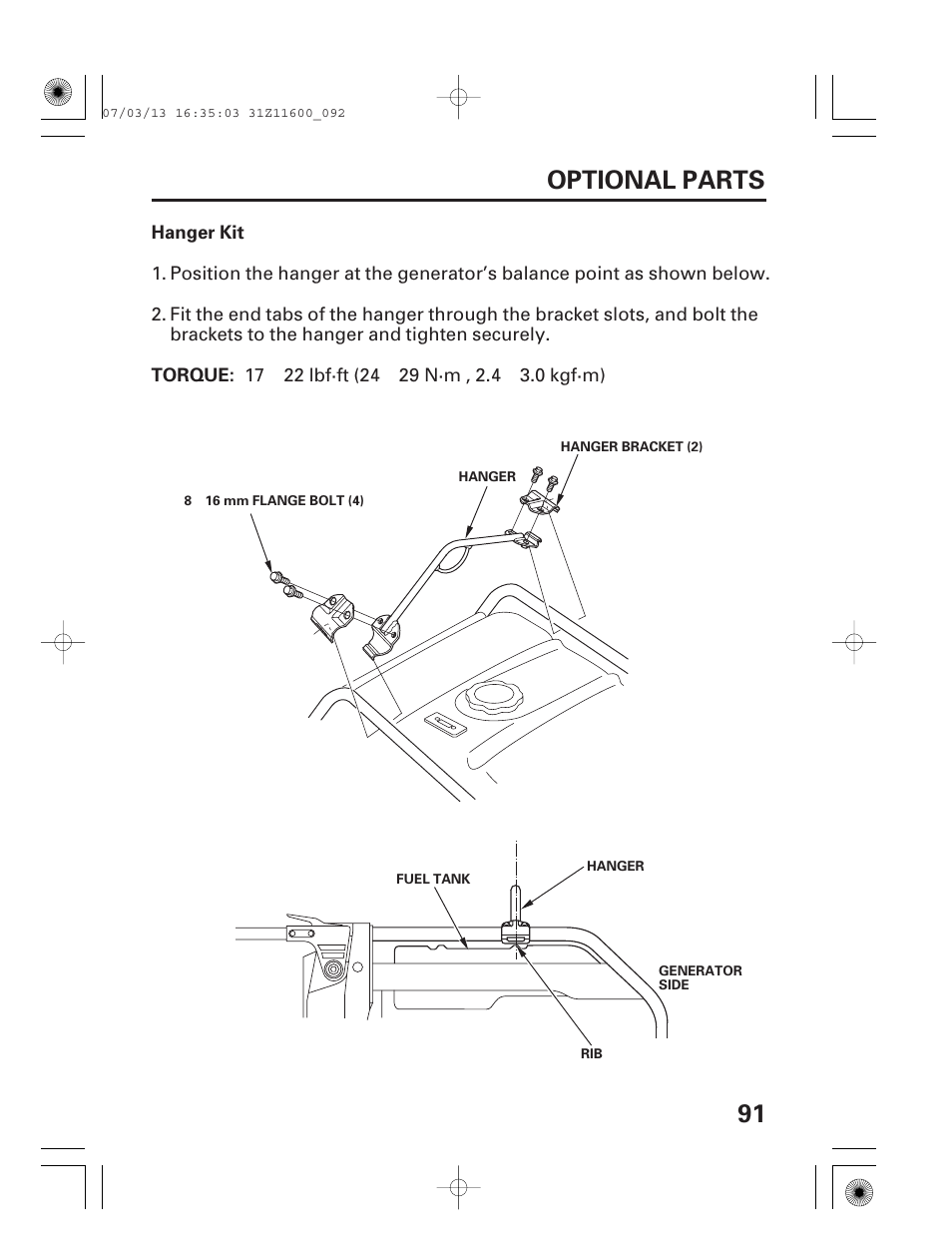 Hanger kit, 91 optional parts | HONDA EM6500is User Manual | Page 93 / 100