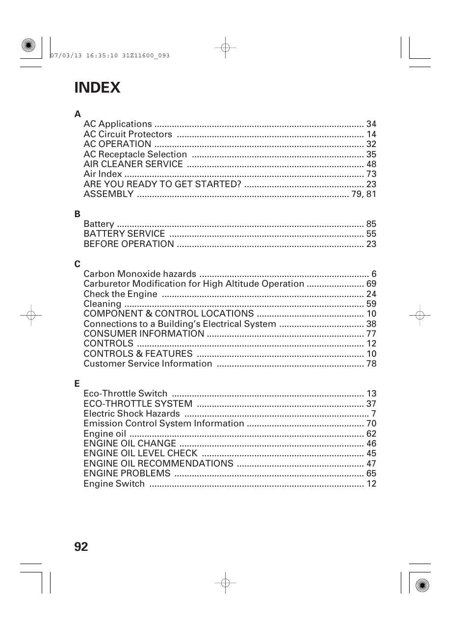 Index | HONDA EM6500is User Manual | Page 94 / 100
