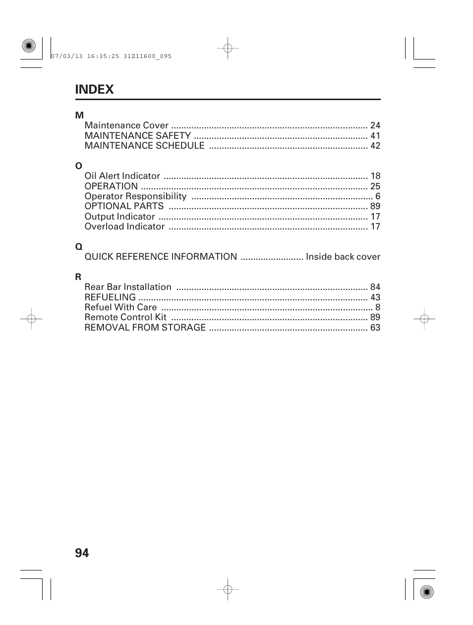 94 index | HONDA EM6500is User Manual | Page 96 / 100
