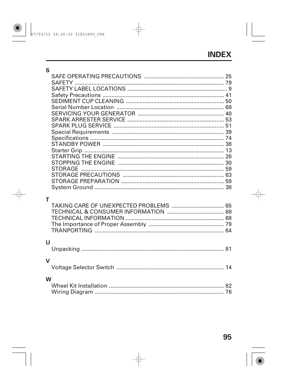 95 index | HONDA EM6500is User Manual | Page 97 / 100