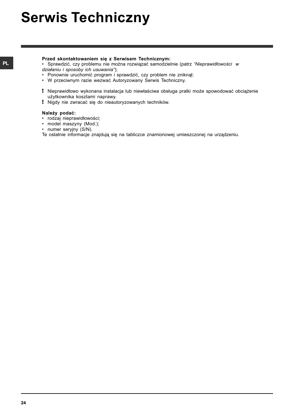 Serwis techniczny | Indesit SISL 106 User Manual | Page 24 / 60