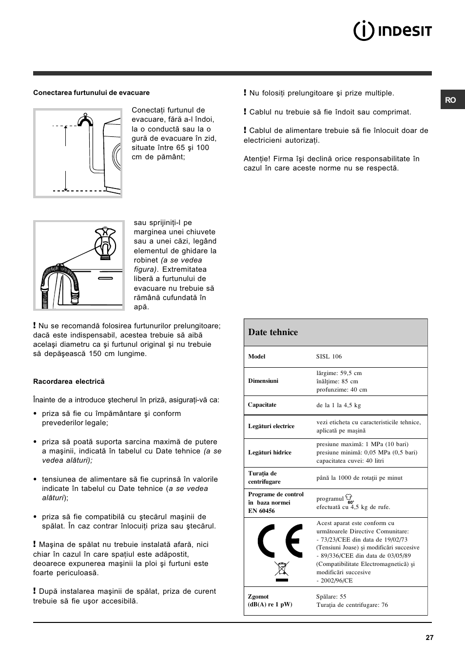 Date tehnice | Indesit SISL 106 User Manual | Page 27 / 60