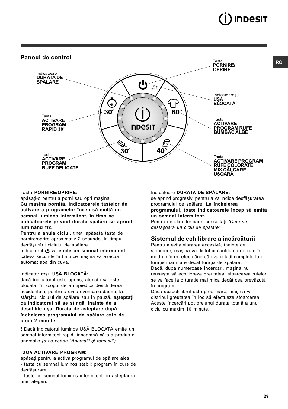 Sistemul de echilibrare a încãrcãturii, Panoul de control | Indesit SISL 106 User Manual | Page 29 / 60