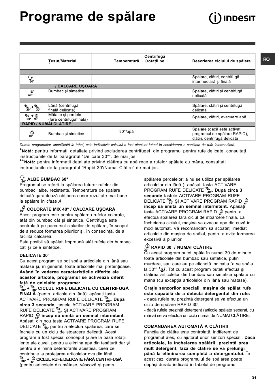 Programe de spãlare | Indesit SISL 106 User Manual | Page 31 / 60