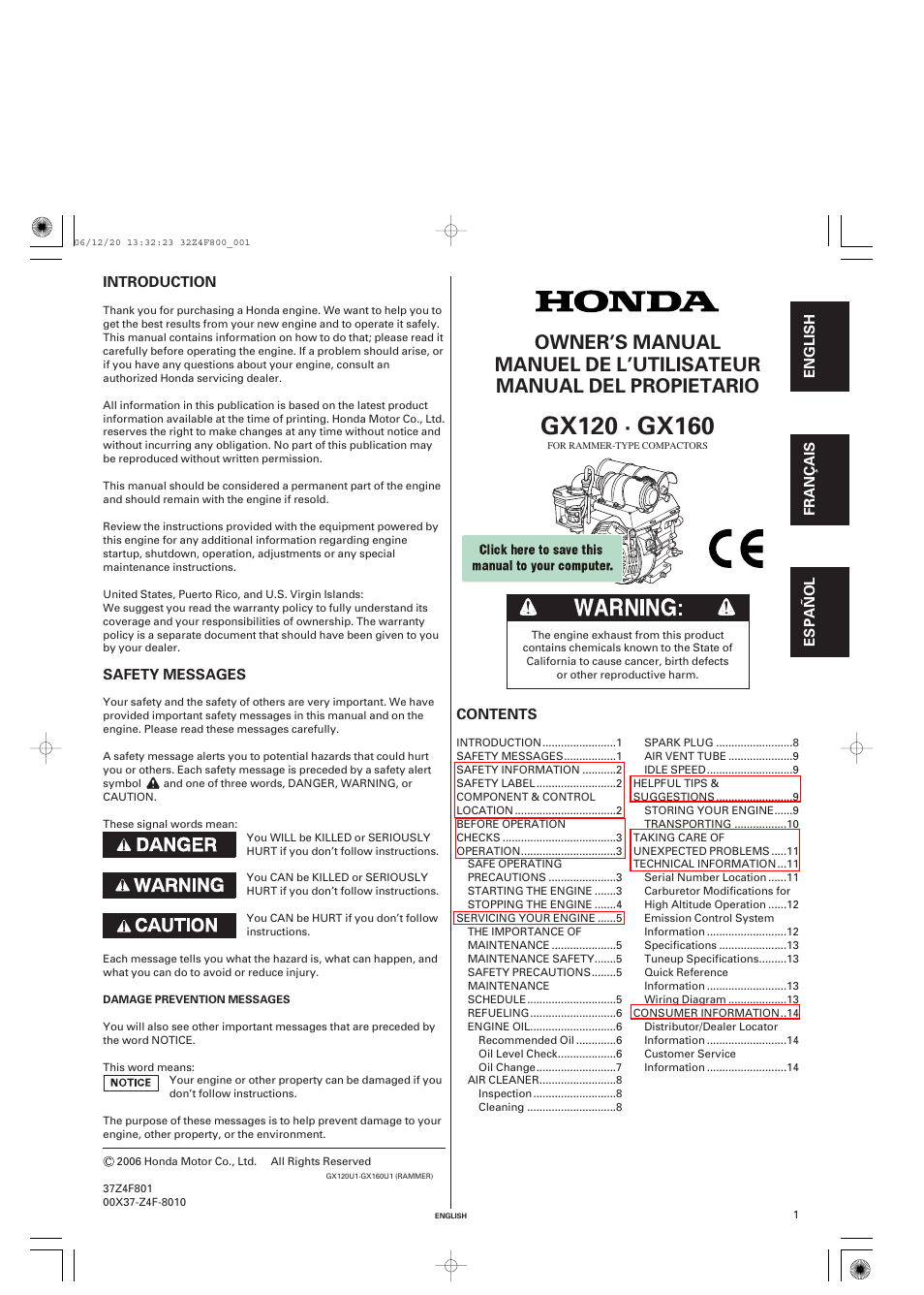 HONDA GX120 User Manual | 43 pages