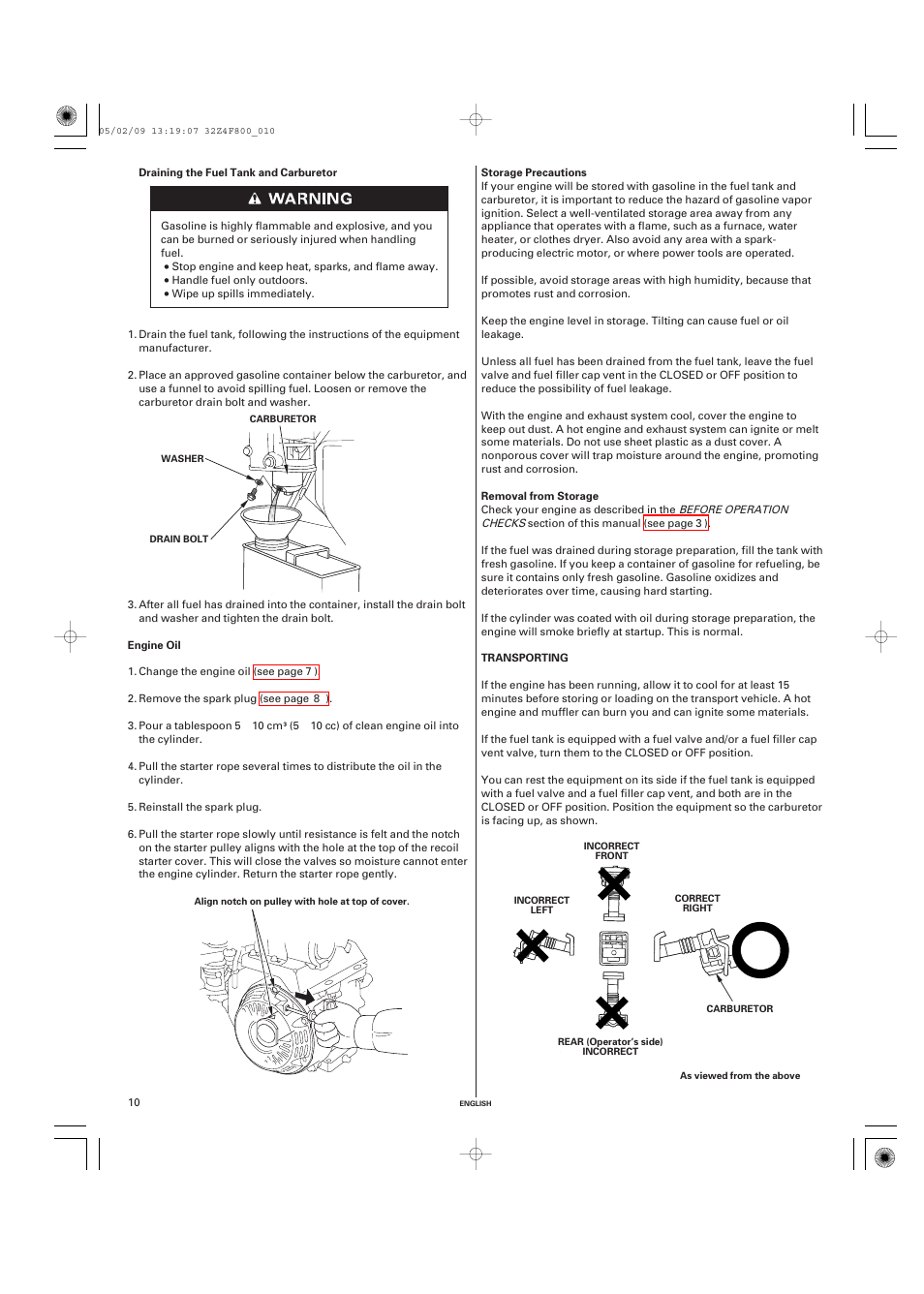 Engine oil, Storage precautions, Removal from storage | Transporting | HONDA GX120 User Manual | Page 10 / 43