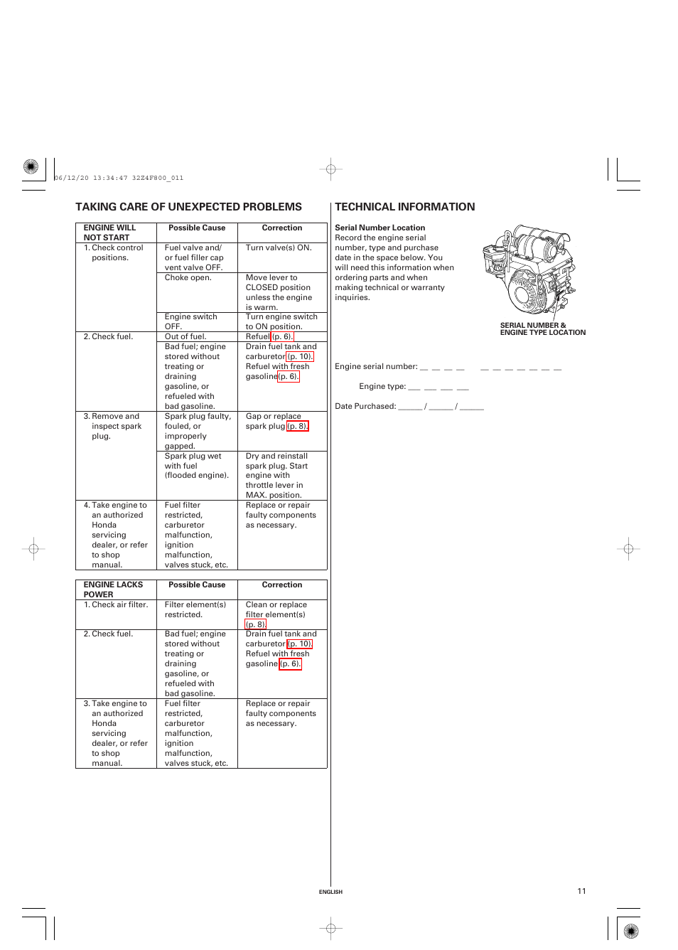 Taking care of unexpected problems, Technical information, Serial number location | Taking care of, Unexpected problems, Technical information .11 | HONDA GX120 User Manual | Page 11 / 43