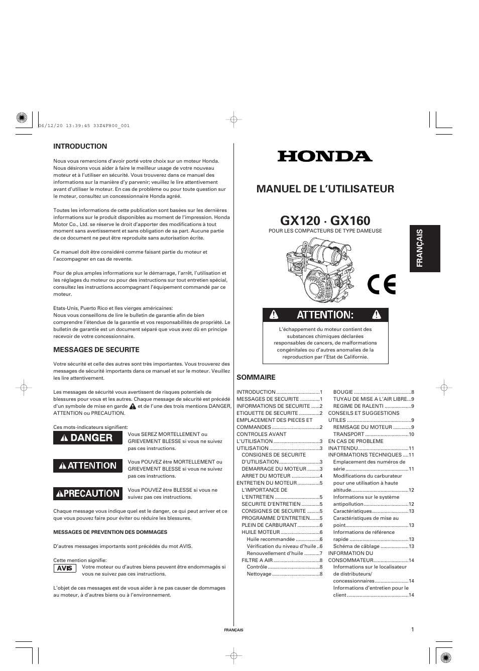 Français, Manuel de l’utilisateur, Fr anç a is | HONDA GX120 User Manual | Page 16 / 43