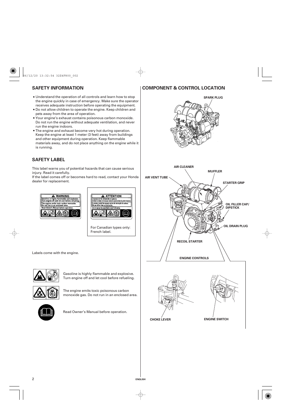 Safety information, Safety label, Component & control location | Component & control, Location | HONDA GX120 User Manual | Page 2 / 43