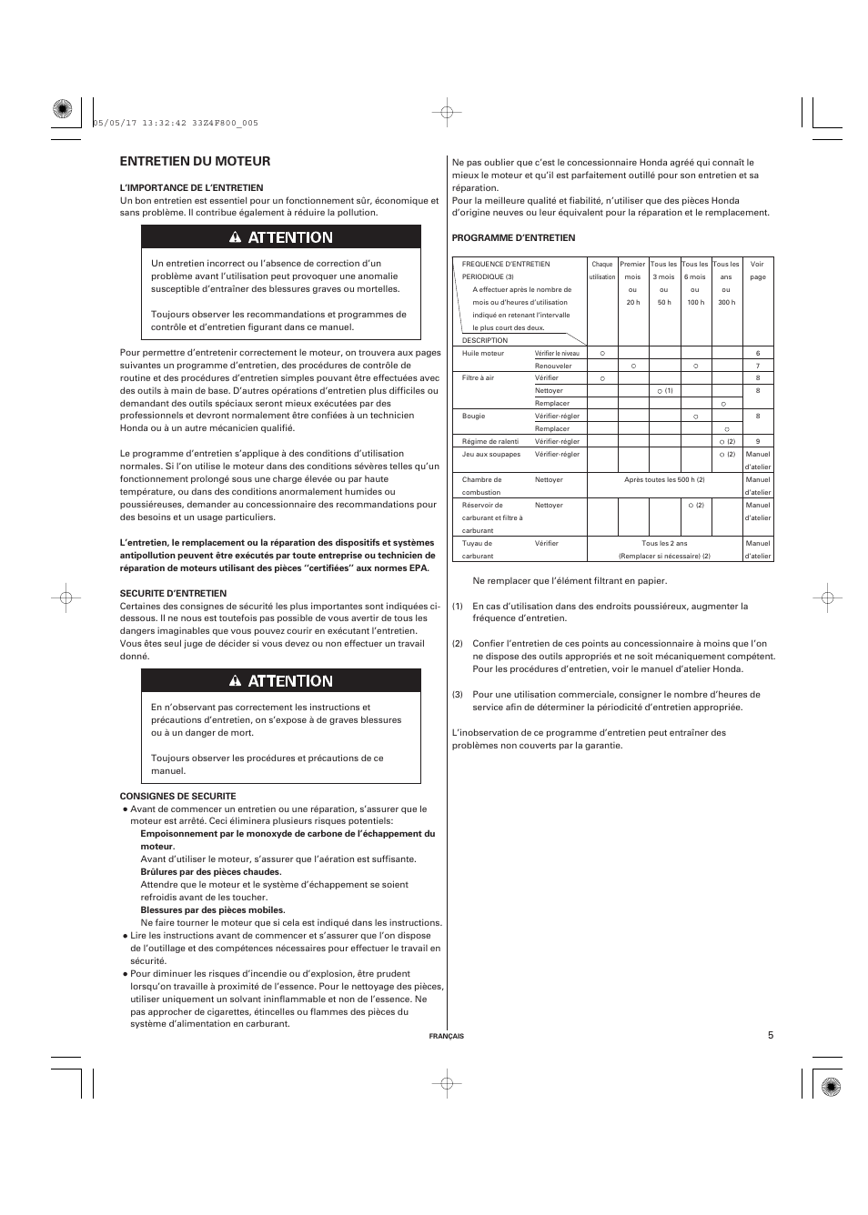 Entretien du moteur | HONDA GX120 User Manual | Page 20 / 43