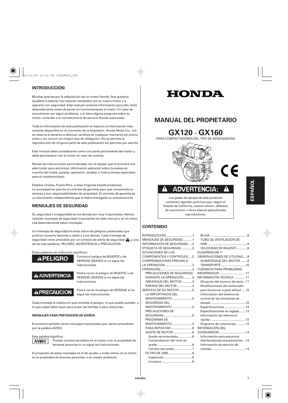 Español, Manual del propietario | HONDA GX120 User Manual | Page 30 / 43