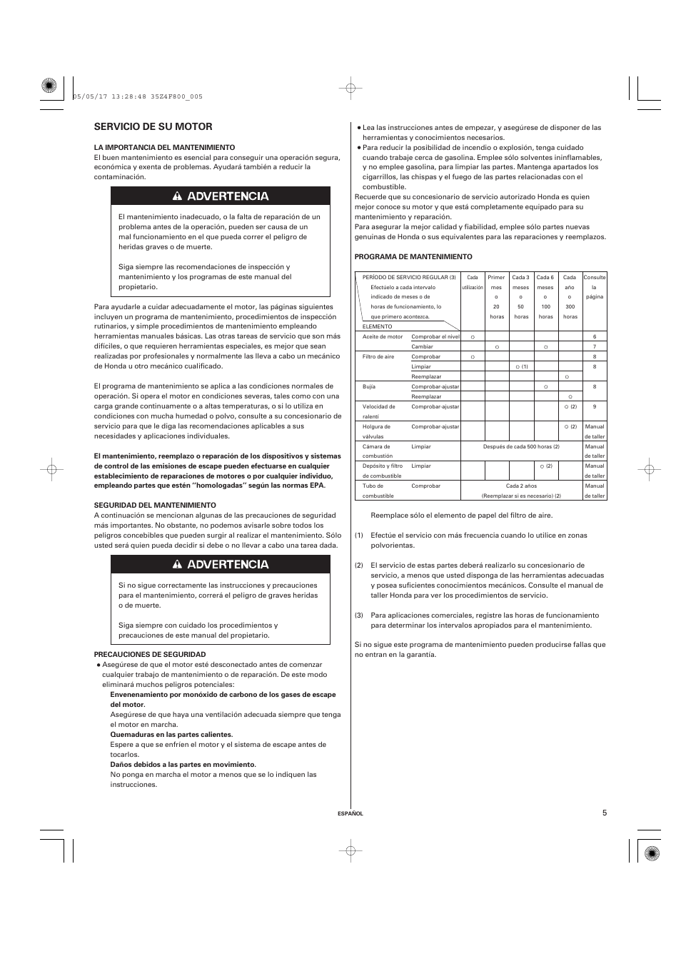 Servicio de su motor | HONDA GX120 User Manual | Page 34 / 43