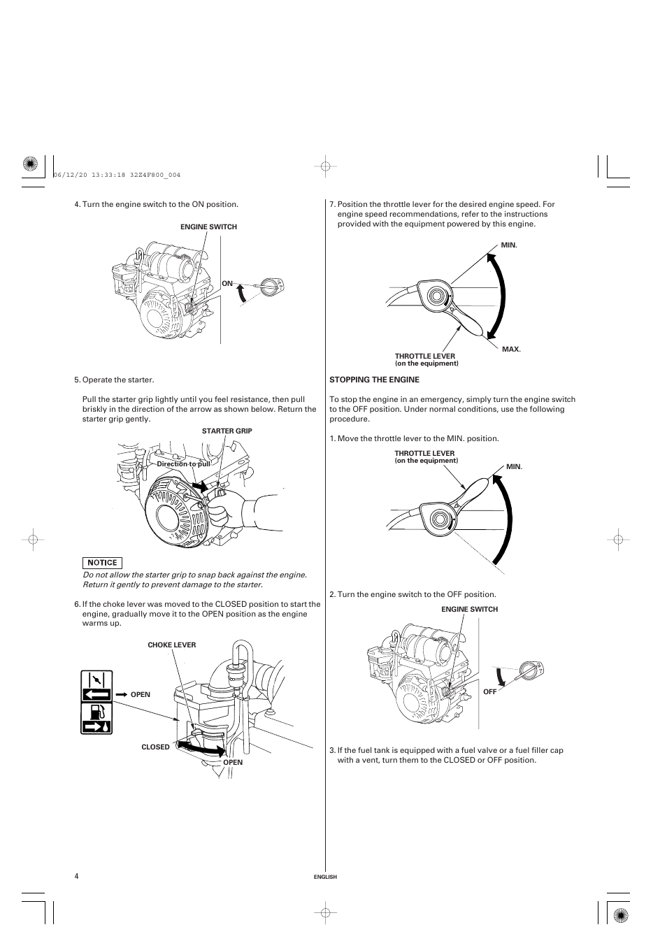 Stopping the engine | HONDA GX120 User Manual | Page 4 / 43