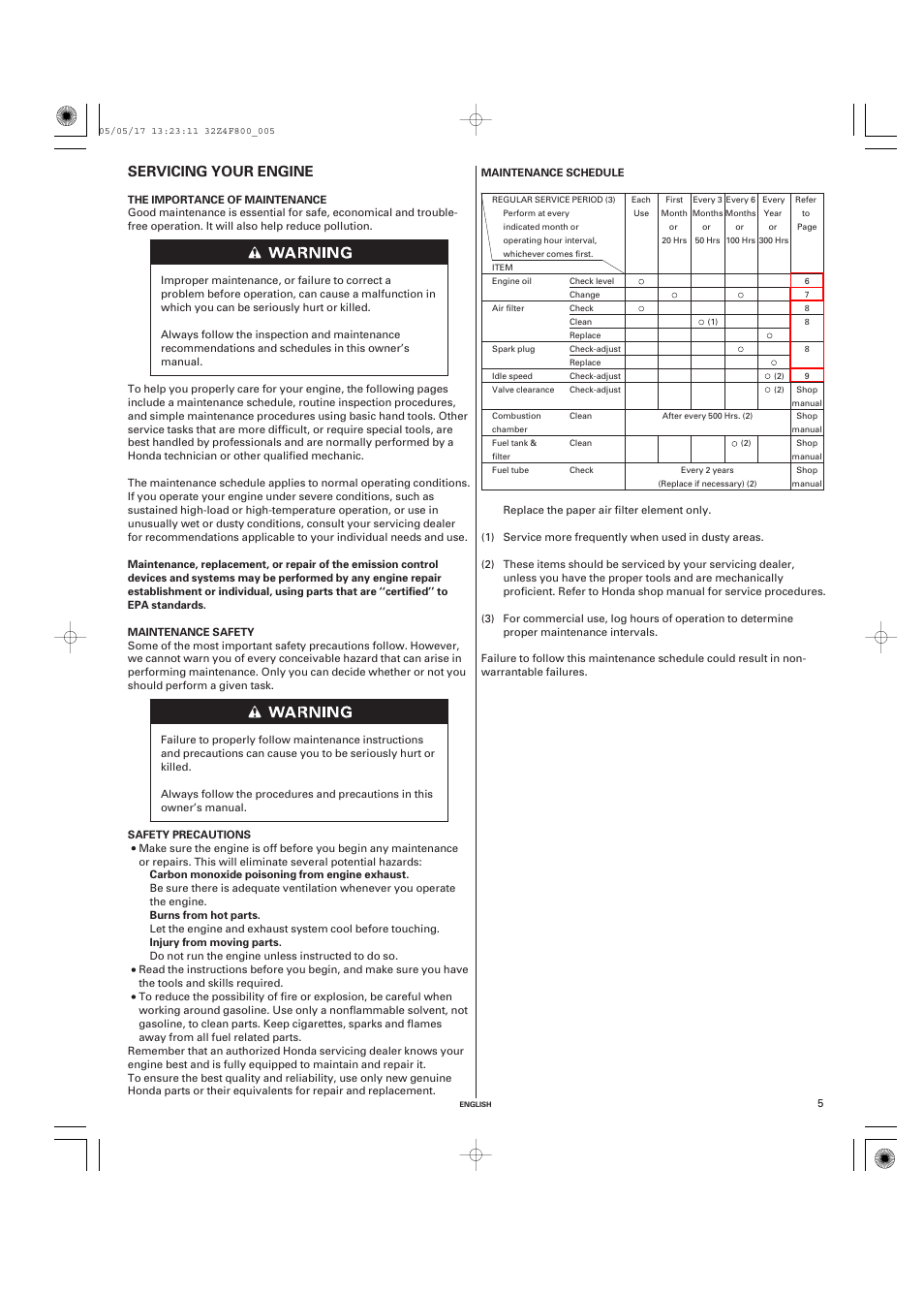 Servicing your engine, The importance of maintenance, Maintenance safety | Maintenance schedule | HONDA GX120 User Manual | Page 5 / 43