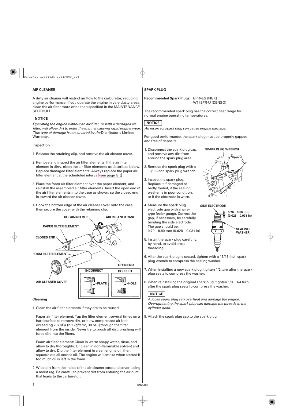 Air cleaner, Spark plug | HONDA GX120 User Manual | Page 8 / 43