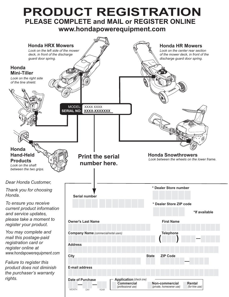 Product registration, Print the serial number here | HONDA HRR216VKA User Manual | Page 23 / 24