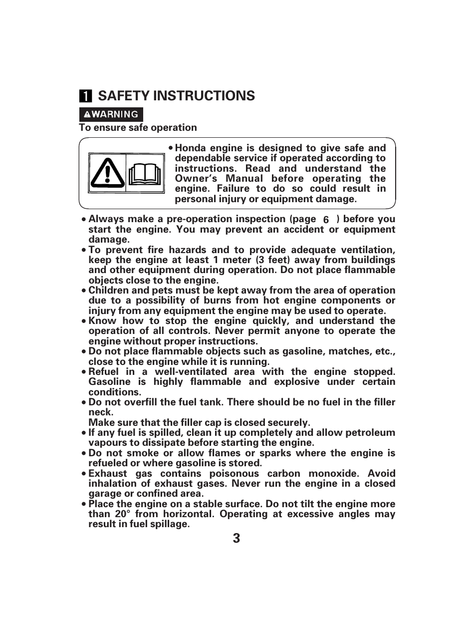 3safety instructions | HONDA GX340 User Manual | Page 3 / 33