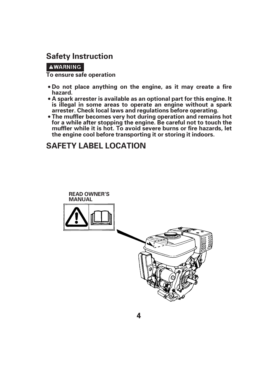4safety label location safety instruction | HONDA GX340 User Manual | Page 4 / 33