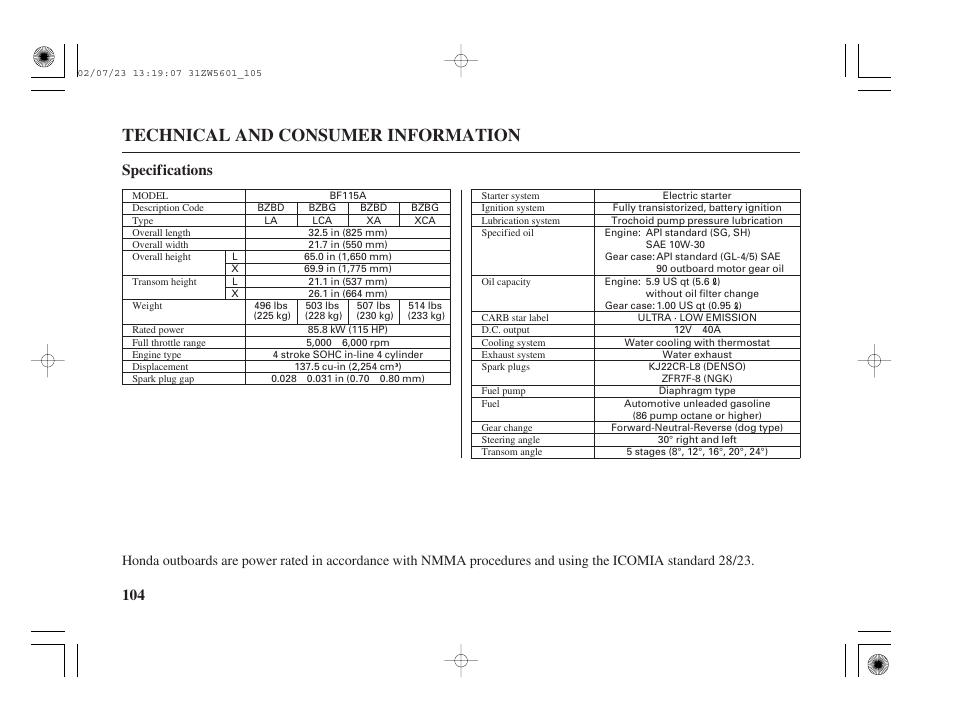 Specifications, Technical and consumer information, 104 specifications | HONDA Outboard Motor BF130A User Manual | Page 106 / 116